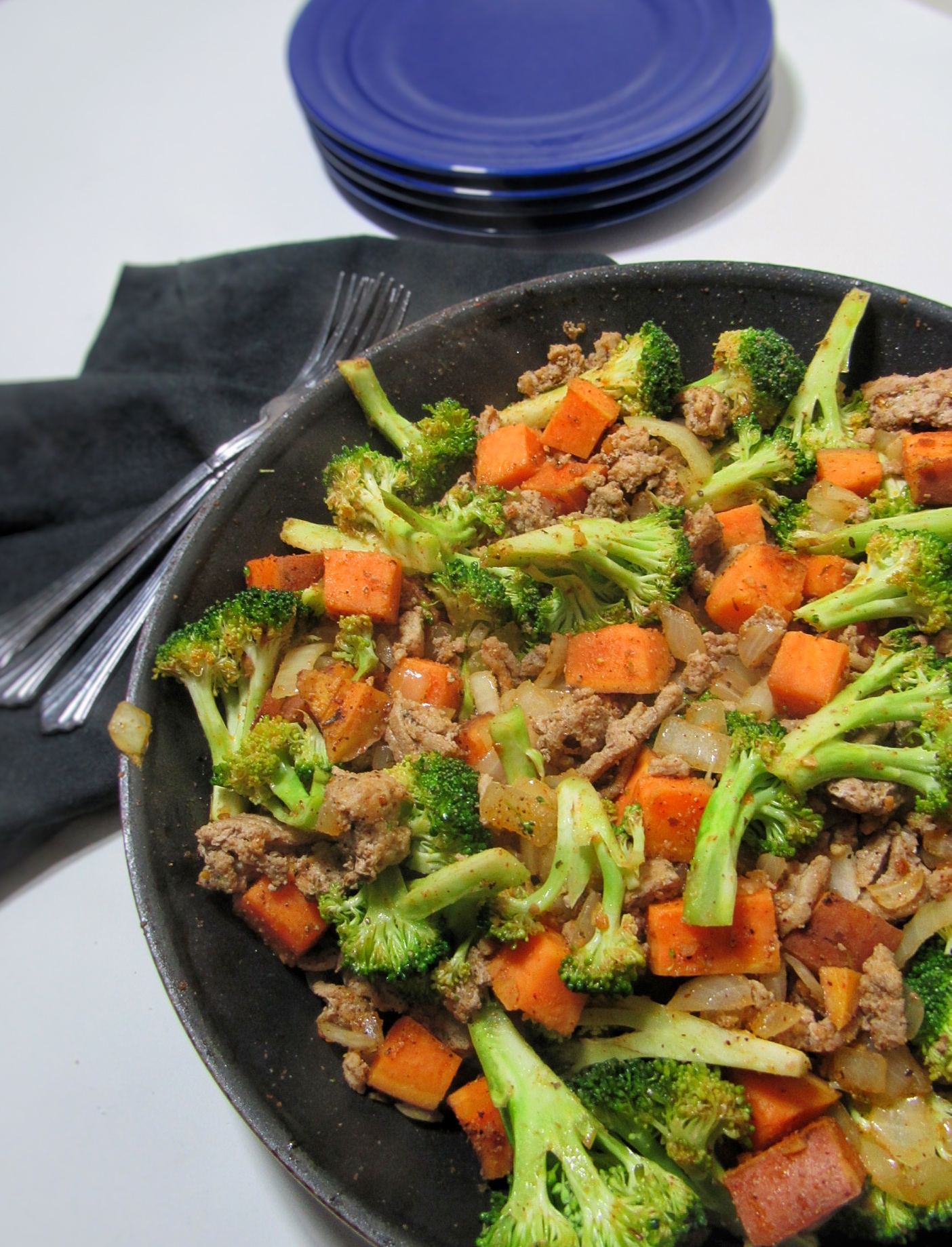sweet potato, onion, broccoli, ground turkey one pan dinner bits and