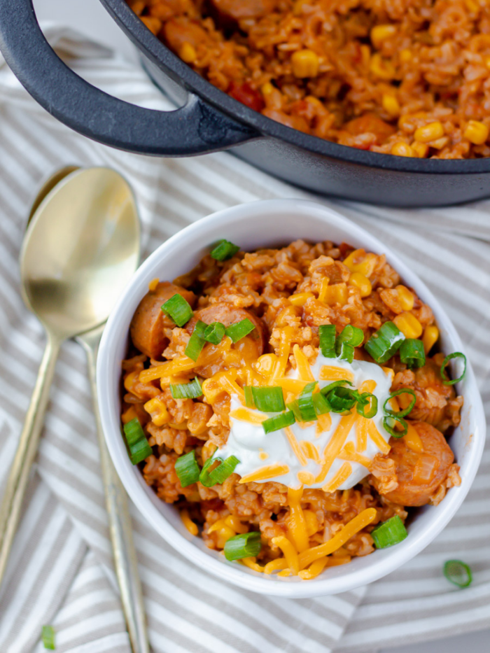 this easy sausage and rice casserole is one of my favorite easy healthy weeknight dinner recipes to make!