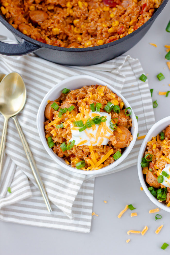 if you're looking for a trader joe's chicken sausage recipe, I love this one-pot chicken sausage and rice dish!