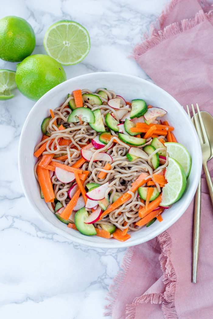 this cold soba noodle salad with sriracha vinaigrette is one of my favorite soba noodle salad recipes! it is the perfect twist for an unconventional salad, so you can stop eating boring salads!