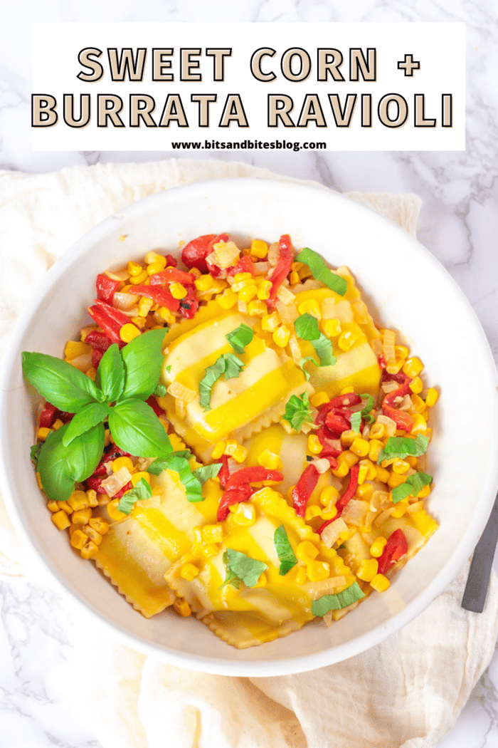 I love the Trader Joe's Sweet Corn and Burrata Ravioli and most recently, Aldi has come out with a similar product! The Aldi seasonal ravioli never disappoint, and I created this roasted red pepper sauce with white wine and garlic to pair perfectly with the ravioli and it's the perfect summer pasta dish.