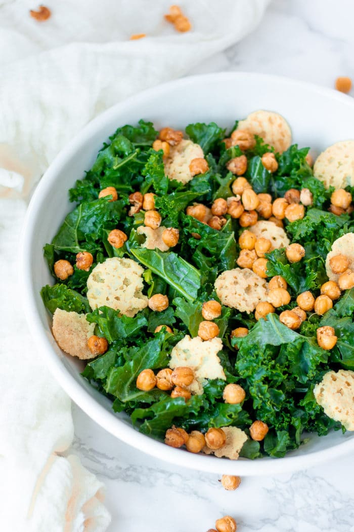 Kale Caesar Salad with Crispy Air Fryer Chickpeas bits and bites