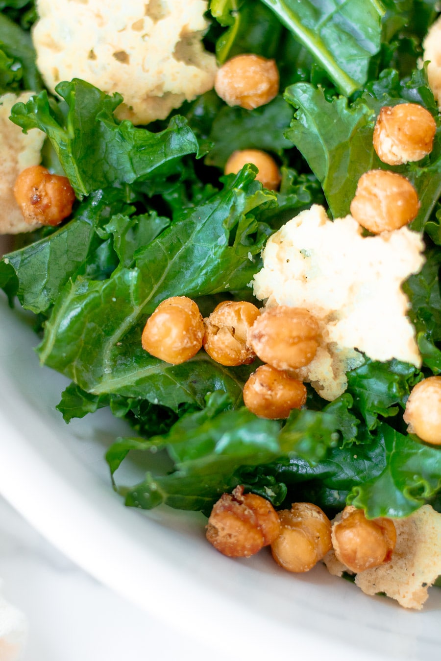 Kale Caesar Salad with Crispy Air Fryer Chickpeas bits and bites