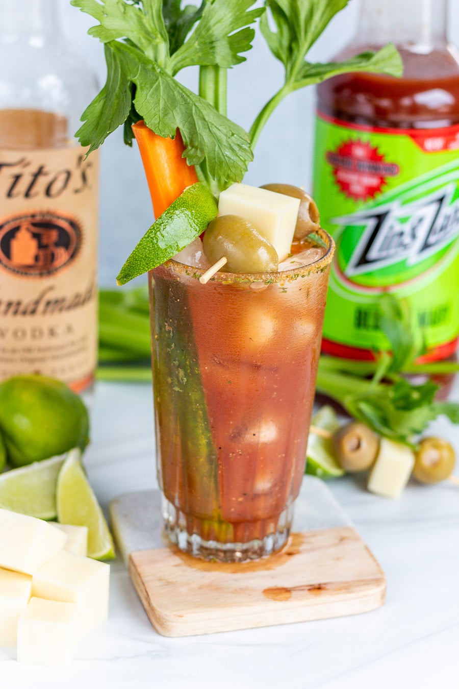 Dill Pickle Bloody Mary Cocktail with Vodka bits and bites