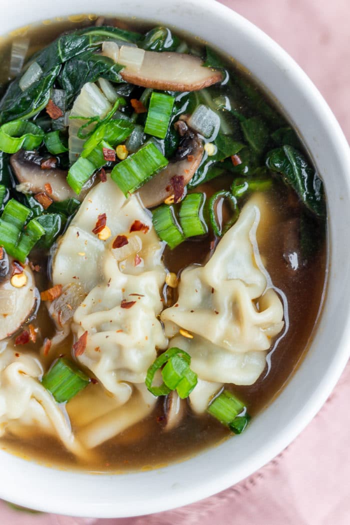This wonton soup with frozen wontons are one of my favorite ways to cook frozen wontons! It's a great low-calorie soup recipe and you'll love it for a cozy weeknight dinner recipe.