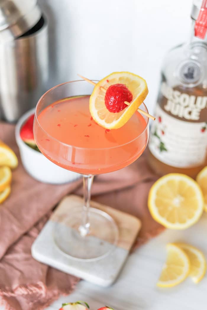 This Strawberry Lemon Drop Martini recipe is such a refreshing lemon drop martini variation. It uses my limoncello lemon drop recipe for an adult version of strawberry lemonade.
