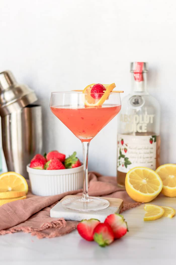 This Strawberry Lemon Drop Martini recipe is such a refreshing lemon drop martini variation. It uses my limoncello lemon drop recipe for an adult version of strawberry lemonade.