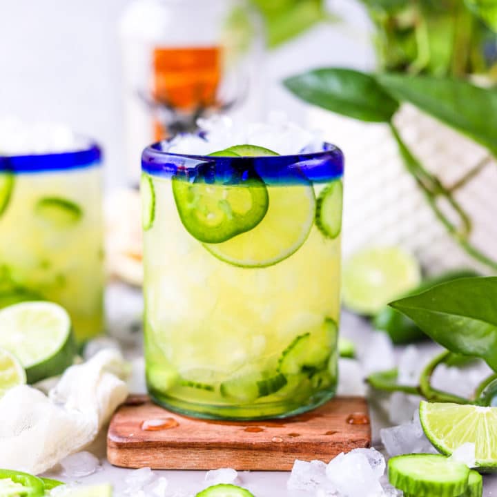 Spicy Cucumber Jalapeno Margarita bits and bites