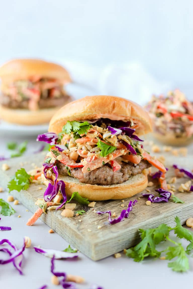 Ground Pork Burgers with Thai-Inspired Peanut Slaw