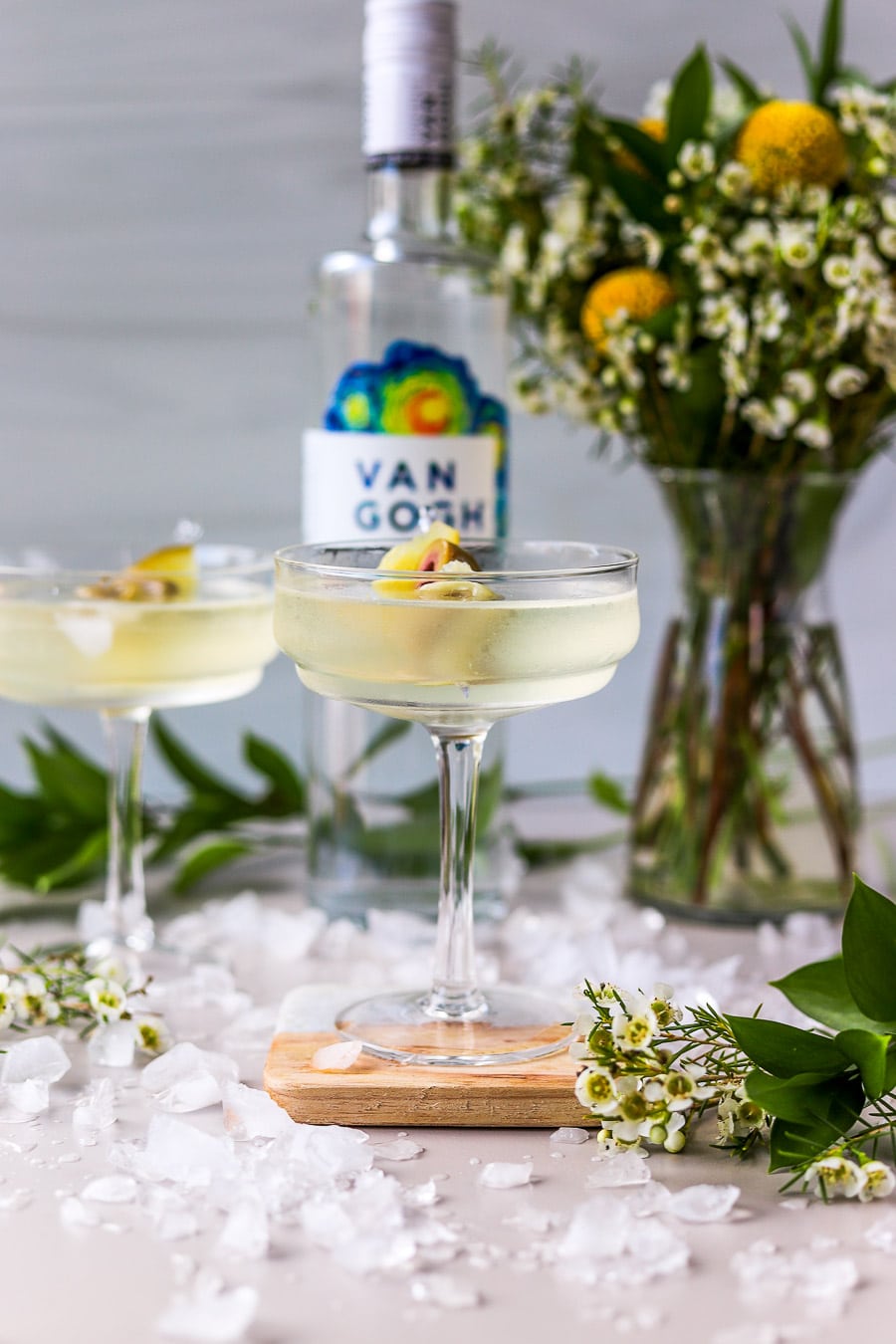 Dirty Vodka Martini with Pickle Juice bits and bites