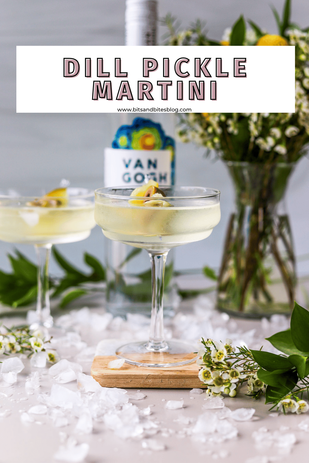 Dirty Vodka Martini with Pickle Juice bits and bites