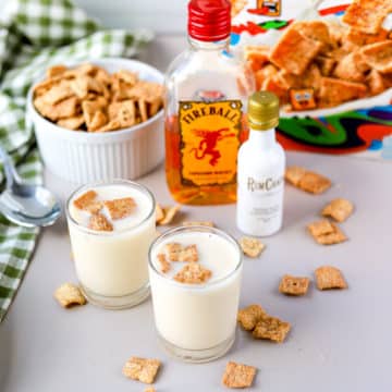 This cinnamon toast crunch shot is such a nostalgic drink recipe! Combining Fireball and RumChata, it seriously tastes just like the cereal you love.