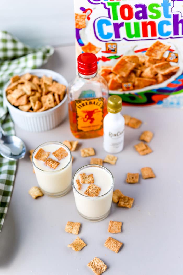 This cinnamon toast crunch shot is such a nostalgic drink recipe! Combining Fireball and RumChata, it seriously tastes just like the cereal you love.