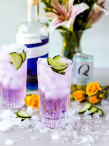 If you're looking for a simple way to elevate your home bartending game, it is Empress cocktails. This Empress Gin and tonic with elderflower tonic water is so refreshing and the perfect 2-ingredient gin cocktail.