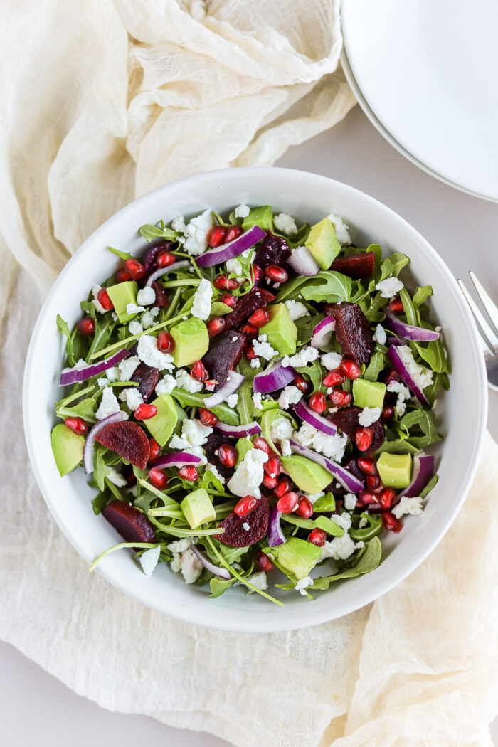 This arugula goat cheese beet salad is so simple, yet so delicious. It's easy for a quick salad recipe or it makes for a perfect side salad. 