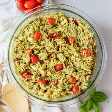 This caprese orzo pesto salad is one of my favorite summer pasta salad recipes.
