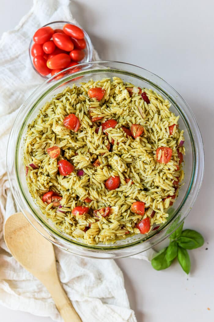 This caprese orzo pesto salad is one of my favorite summer pasta salad recipes.