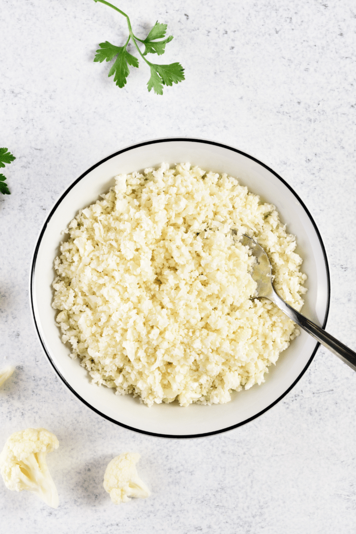 gluten-free orzo substitute bowl of cauliflower rice