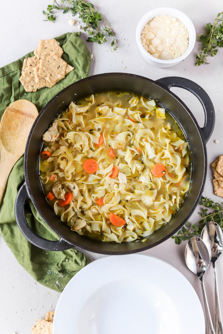 Homemade Dutch Oven Chicken Noodle Soup bits and bites