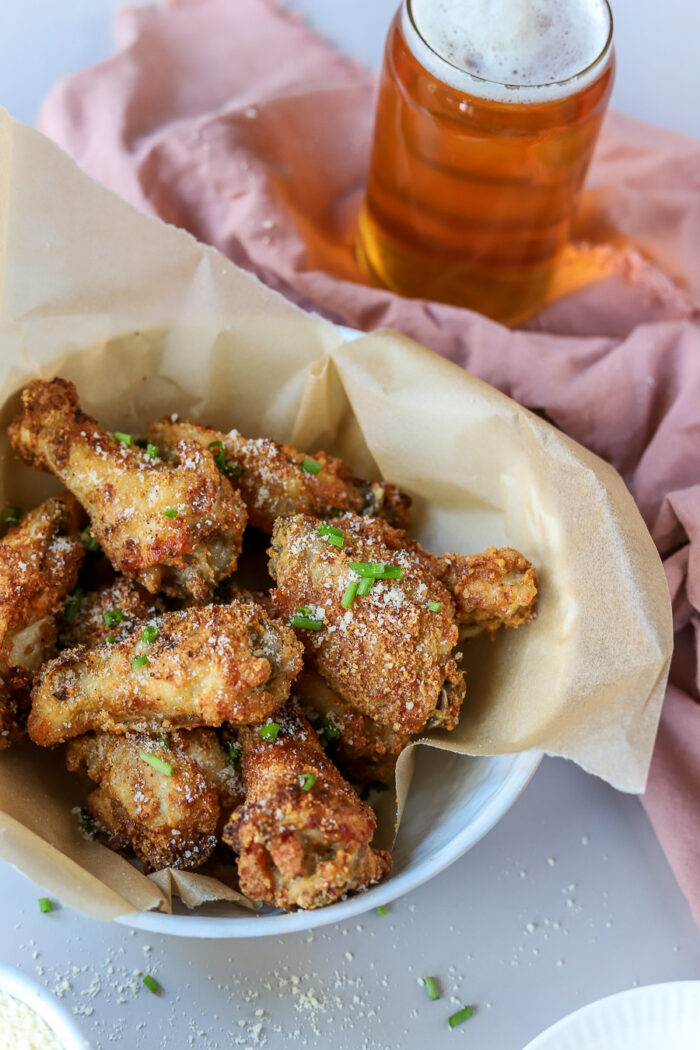 ice cold beer with garlic parmesan wings air fryer.
