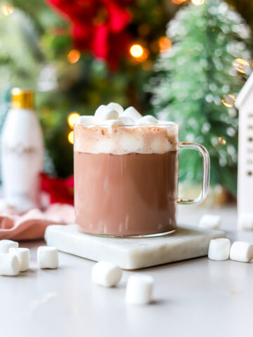 hot chocolate with RumChata topped with mini marshmallows.