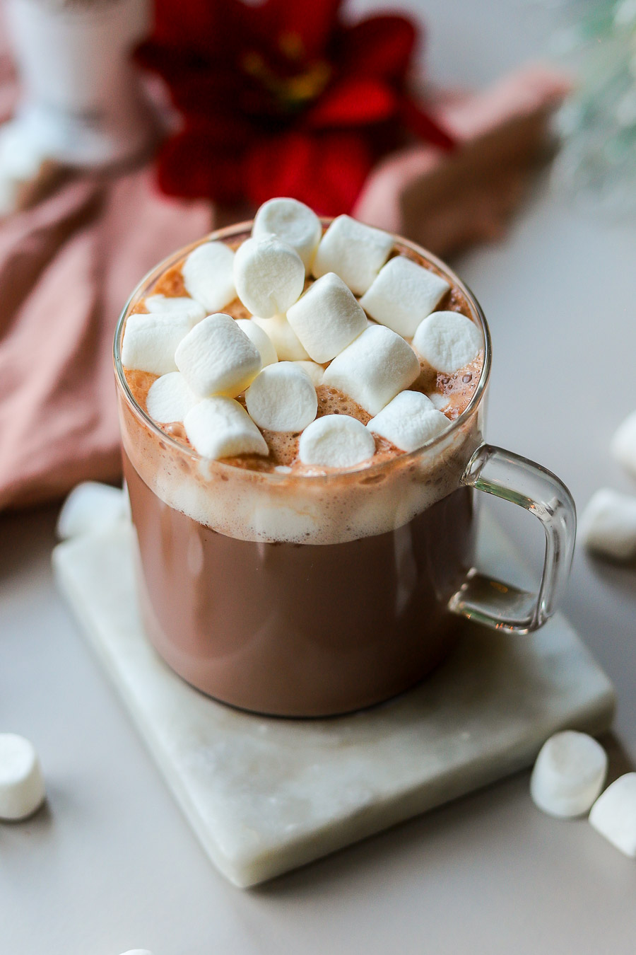 Hot chocolate with RumChata topped with mini marshmallows.