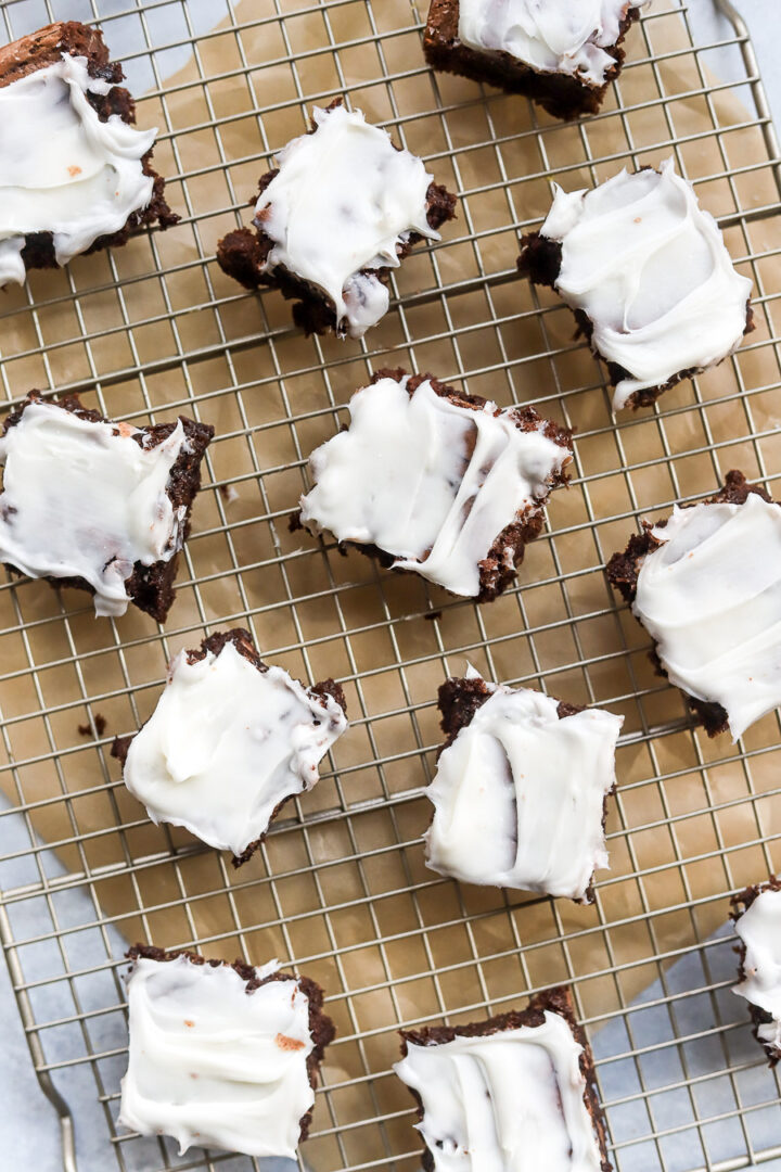 Fudgy Brownies with Cream Cheese Frosting bits and bites