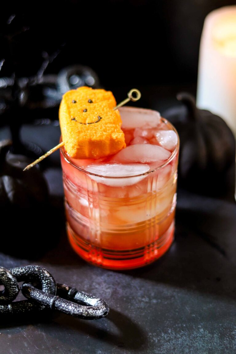 Headless Horseman sour, a Halloween New York sour with bourbon, apple cider, and red wine